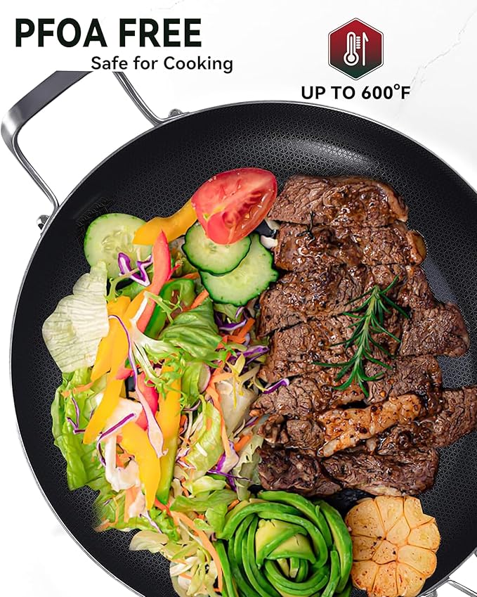 12 Inch Non-Stick Ceramic Stainless Steel Frying Pan - With Lid & Helper Handle, Induction Compatible Skillet, Dishwasher & Oven Safe Up to 600째F, Detachable Handle, Perfect for 4 People