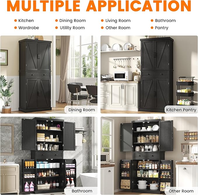 72" Tall Kitchen Pantry Cabinet, Black Pantry Storage Cabinet with Adjustable Shelves, Barn Doors and Drawer, Farmhouse Cupboard for Kitchen, Dining Room, Bathroom (16" D x 30" W x 72" H)