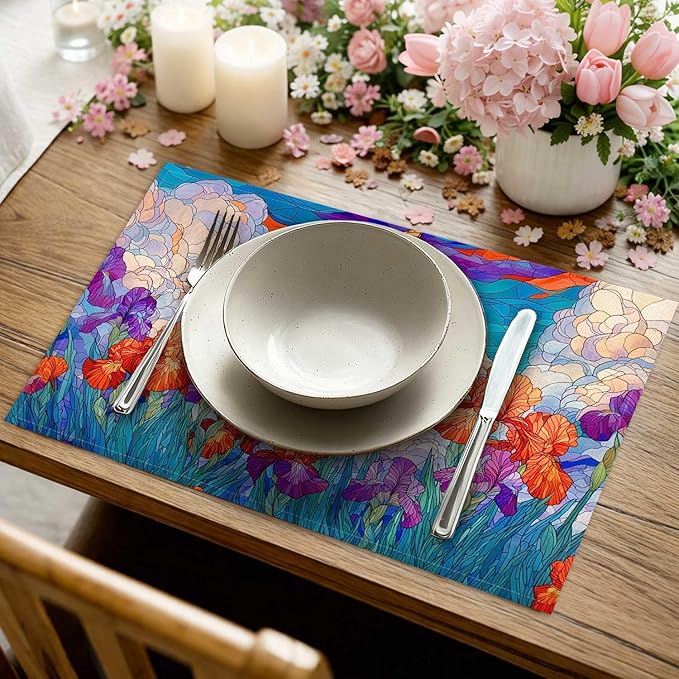 Jauageon Spring Iris Placemat Set of 4 Stained Glass Style Floral Placemats Flower Butterfly Table Mats for Indoor Outdoor Home Party Kitchen Dining Decor Farmhouse Burlap Table Mats 12x18 Inch