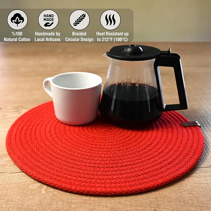 Round Placemats, Set of 6, Handmade by Braided Cotton Cord for Kitchen and Dining Table, Dia. 12.6 Inch, Doublesided, Heat Resistant, Red/Green