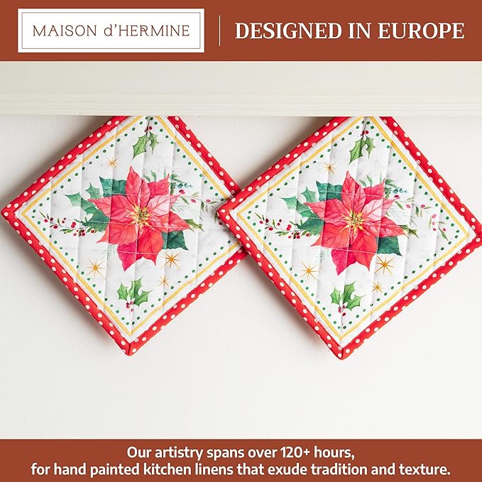 Maison d' Hermine Pot Holders Set 100% Cotton Heat Resistant Potholders 8" x 8" Hot Pads with Loop for Thanksgiving Christmas Decorations Baking Handling Hot Pans (Pack of 2, Poinsettia Christmas)