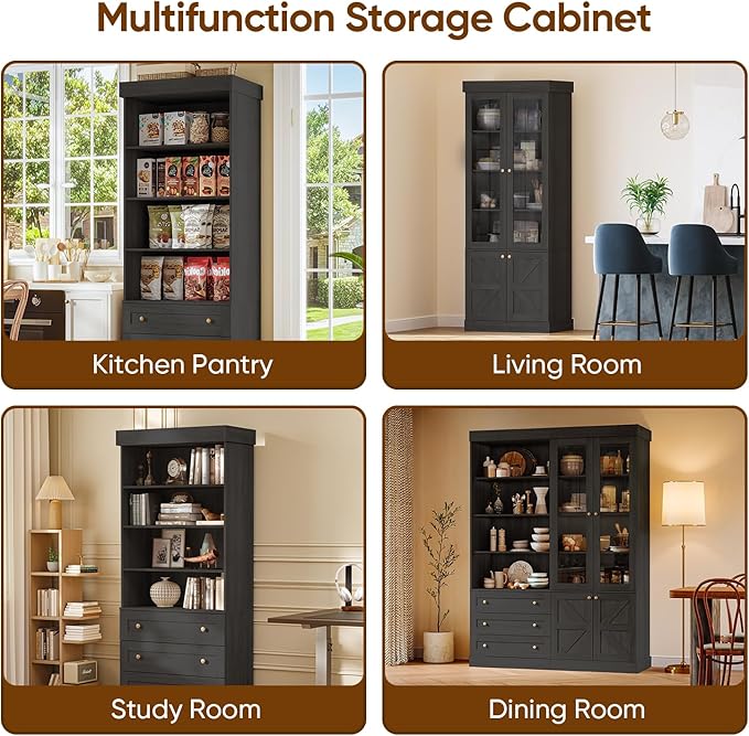 71" Tall Farmhouse Kitchen Pantry, Rustic Large Storage Cabinet with Glass Doors, Adjustable Shelves, Wood Versatile Hutch Cabinet for Dining Room, Living Room, Black 3 Pcs