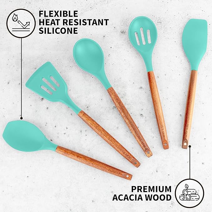 Zulay Kitchen Non-Stick Cooking Utensils Set with Authentic Acacia Wood Handles ??5-Piece Durable & Stylish Silicone Kitchen Utensils Set ??Heat Resistant to 464째F ??Mint