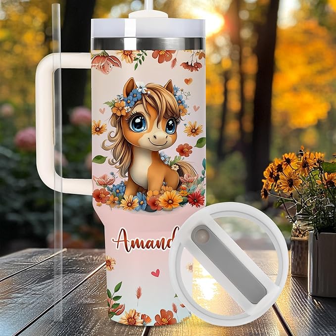 AGGLOMEKC Personalized Cute Horse Cup - Mother's Day Birthday Gift For Animal Lovers - Just A Girl Who Loves Horse Tumbler 40oz With Custom Name - Pet Lover Gifts For Women, Her