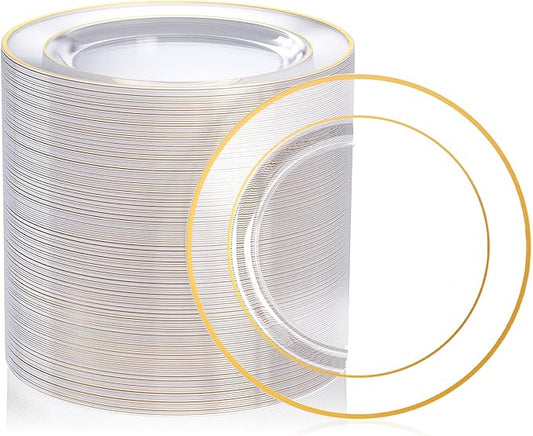 FOCUSLINE 7 Inch Small Clear Gold Plastic Plates 100 Count, Disposable Heavy Duty Clear Plates with Gold Rim, Premium Hard Plastic Plate Fancy Disposable Salad Plate for Wedding Parties