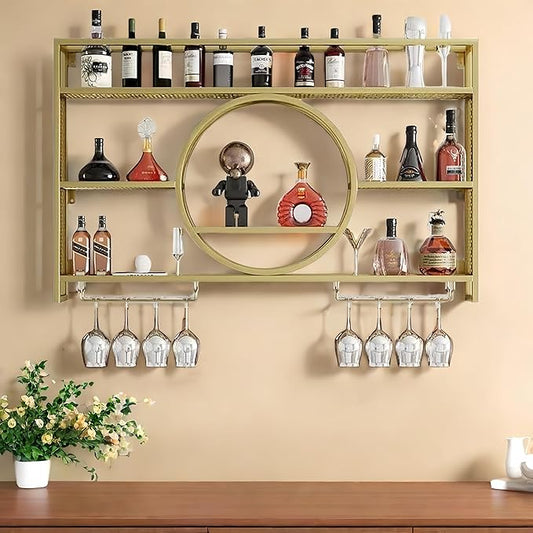 39 Inch Metal Wall Mounted Wine Rack, 3-Tier Bar Shelf with Glass Holder, Modern Large Capacity Liquor Bottle Display Shelf for Home Bar, Dining Room & Kitchen, Gold