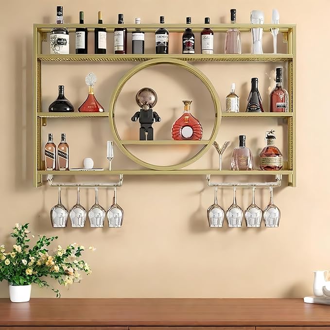 55 Inch Metal Wall Mounted Wine Rack, 3-Tier Bar Shelf with Glass Holder, Modern Large Capacity Liquor Bottle Display Shelf for Home Bar, Dining Room & Kitchen, Gold