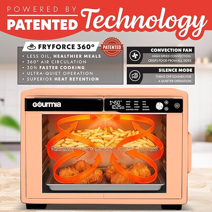 Gourmia French Door Air Fryer Oven - 37 Qt Large Capacity Convection Toaster Oven, FryForce 360°, Digital Display, 12 Cooking Presets, Dehydrate, Fits 13??Pizza, Dishwasher-Safe, Peach