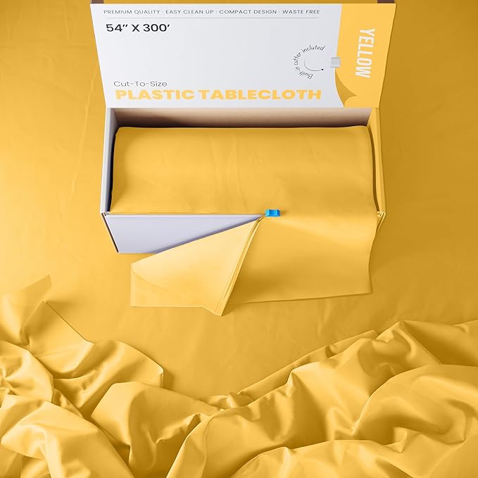 Party Solids 54 Inch X 300 Feet Yellow Plastic Table Cover Roll in A Cut - to - Size Box with Convenient Slide Cutter. Cuts Up to 36 Rectangle 8 Feet Plastic Disposable Tablecloths