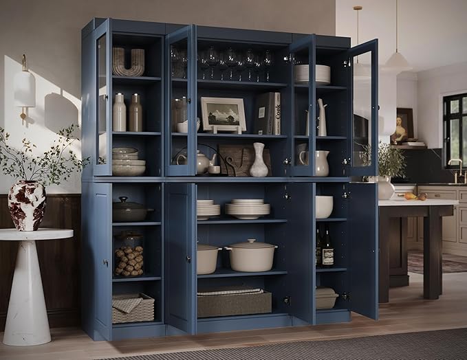Palace Imports 100% Solid Wood China Cabinet - Kitchen Pantry - Wooden Storage w/Adjustable Shelves, Antique Blue, 65" w x 71.5" h x 15.5" d, Renewable Eco-Friendly Wood, Made in Brazil