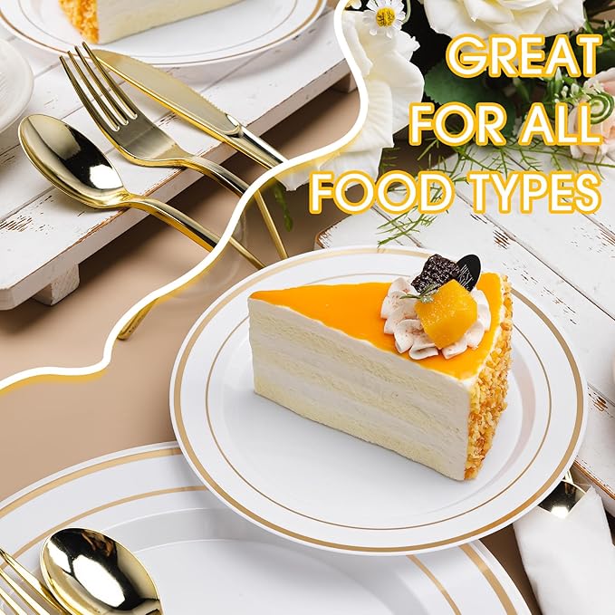 350 PCS White and Gold Plastic Dinnerware Set for 50 Guests, 100 Thanksgiving Disposable Plates for Party, 50 Pre Rolled Napkins with Gold Silverware, 50 Cups