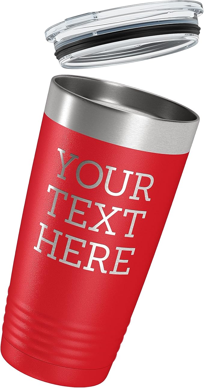 Personalized 20oz (17 Colors) Powder Coated Insulated Stainless Steel Tumbler with Lid, Custom Etched, Customized Text Message Name, Engraved Gift Idea Women Men Him Her, Your Text Here (Red)