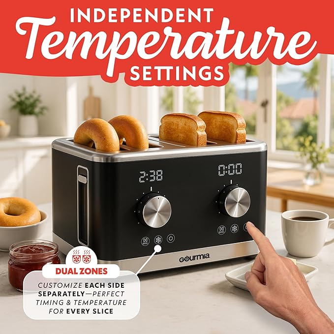 Gourmia 4 Slice Toaster, Double-Sided ??Dual Independent Controls, Bagel, Defrost & Reheat Mode, 6 Browning Levels, Extra Wide Slots, Removable Crumb Tray, Compact Design, Black