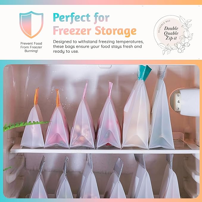 Reusable Food Storage Bags ??21-Pack Stand-Up, BPA-Free, Freezer, Dishwasher Safe & Eco-Friendly ??4 Gal, 6 L, 7 M, 3 S + Rack ??Airtight Leakproof, Organization and Storage Bags (Multicolor)