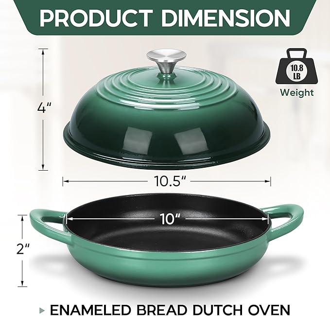 E-far Dutch Oven for Sourdough Bread Baking, 6 Qt Round Enameled Cast Iron Dutch Oven for Homemade Artisan Bread, Dome Lid & Shallow Base, Matte Black Interior & Durable, Oven-Safe to 500?? Dark Green
