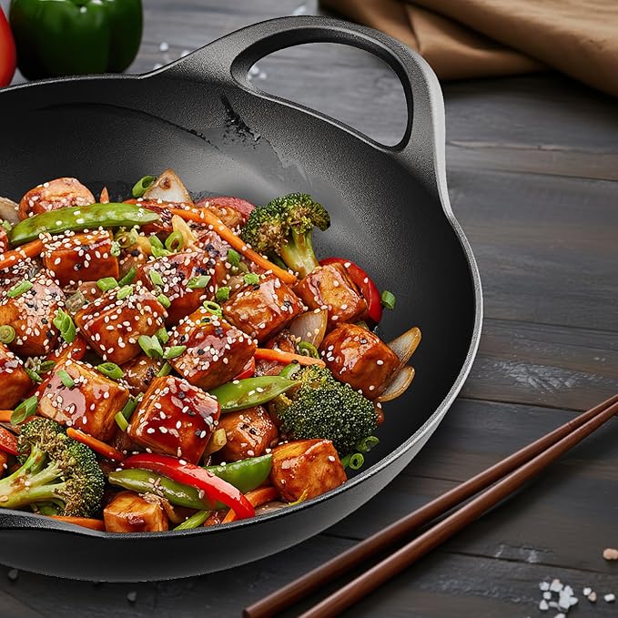 Bakken Pre-Seasoned Cast Iron Wok with Wooden Lid, 14" Stir Fry Pan for Gas, Electric, Induction & Open Fir, Heavy-Duty Flat Bottom Wok with Dual Handles for Even Heating & High-Heat Cooking, 8.8 lbs