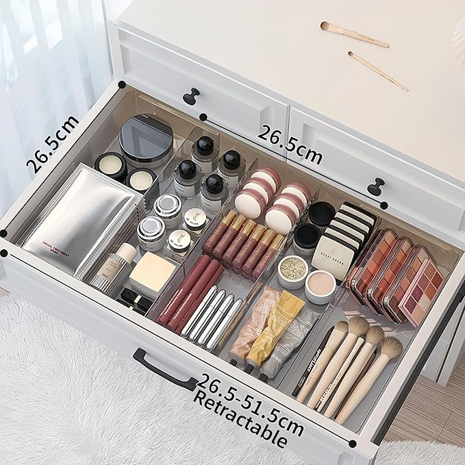 9 Compartment Retractable Drawer Organizer - Removable Drawer Divider with 10.43" Depth and 20.27" Length for Desk, Closet or Kitchen (Clear)