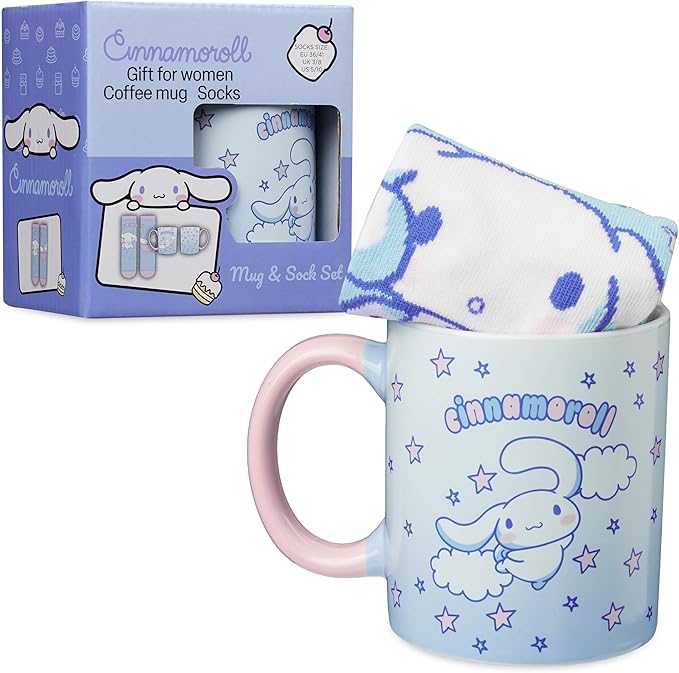 Get Trend Cinnamoroll Sanrio Coffee Mug, Socks Set, 11.5 oz Ceramic Cup Crew Socks, Kawaii Drinkware Christmas, Secret Santa Gifts for Women (Blue Cinnamoroll)