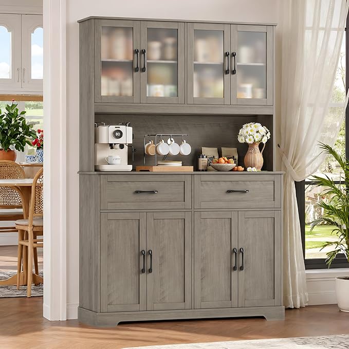 71" Farmhouse Kitchen Pantry Cabinet, Tall Pantry Cabinet with Microwave Stand, Kitchen Hutch with Drawer and Shelves for Dining Room, Grey