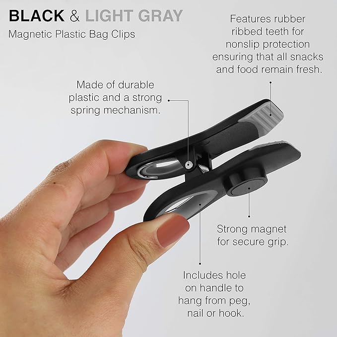 COOK WITH COLOR Bag Clips with Magnet- Food, Chip and Bag Clips for Food Storage with Airtight Seal Grip for Bread Bags, Snack Bags and Food Bags (Black, Pack of 20)