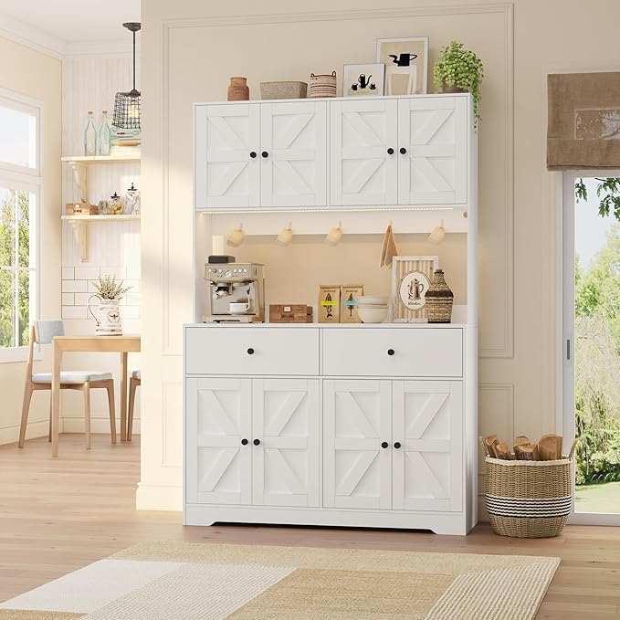 71" Tall Kitchen Pantry Storage Cabinet with Charging Station, 47.2" Wide Kitchen Hutch Cabinet with Large Countertop, Farmhouse Food Pantry with Drawers for Living Room, White