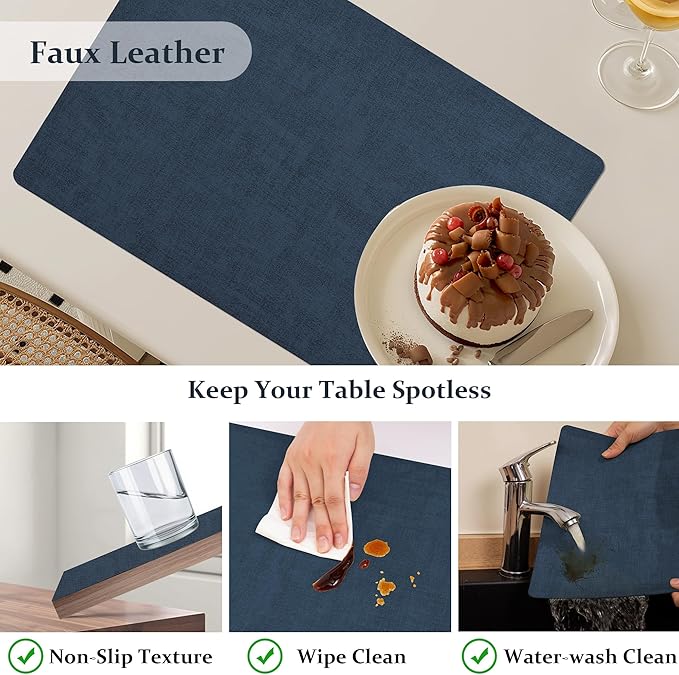 FROMHEART Faux Leather Placemats Set of 8?밯aterproof,Heat/Oil Stain-Resistant PU Table Mat?밨eversible,Non-Slip,Easy to Clean Place Mats for Kitchen,Dining,Indoor/Outdoor,(Dark Blue,11.8" x 17")