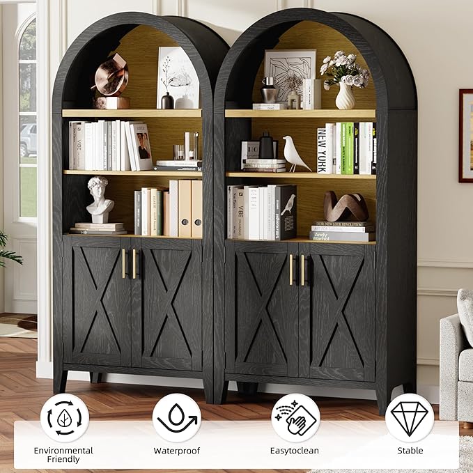 Arched Kitchen Pantry for, 63" Tall Wooden Entryway Storage Cabinet with 2 Doors & 5 Tier Adjustable Shelves, Versatile Farmhouse Hallway Organizer for Entryway, Bedroom, Dining Room