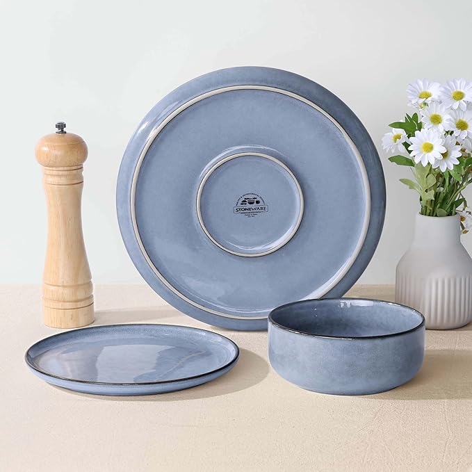 Herogo 24-Piece Stoneware Dinnerware Sets for 8, Stackable Dinner Plates and Bowls Sets, Double Reactive Glaze Dishware Place Setting for Kitchen, Scratch Resistant, Microwave Safe, Haze Blue