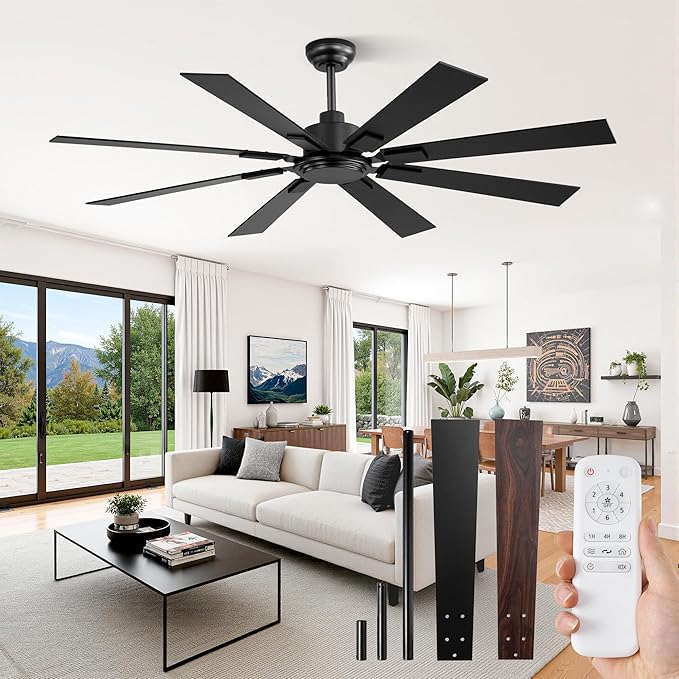 62 Inch Ceiling Fan No Light with Remote Control, 8 Blades Quiet DC Reversible Motor, 6-Speed, Timer, Black Finish, Indoor Outdoor Ceiling Fans for Patios, Living Room, Garage