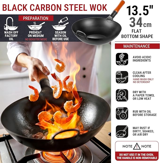 YOSUKATA Carbon Steel Wok and Stir Fry Pans 13,5 ??+ 17?쇺?Wok Spatula and Ladle