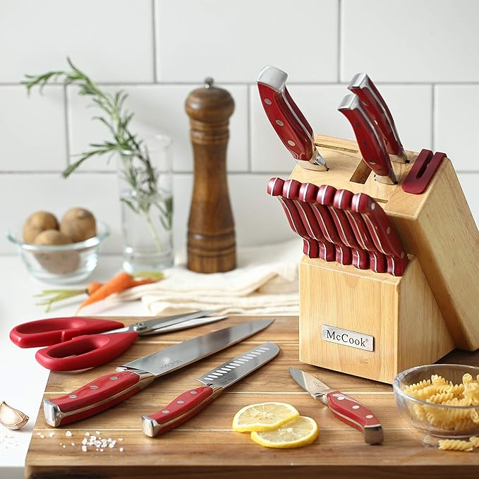 McCook짰 Stainless Steel Kitchen Knife Sets with Wooden Block, Kitchen Scissors and Built-in Sharpener, Red