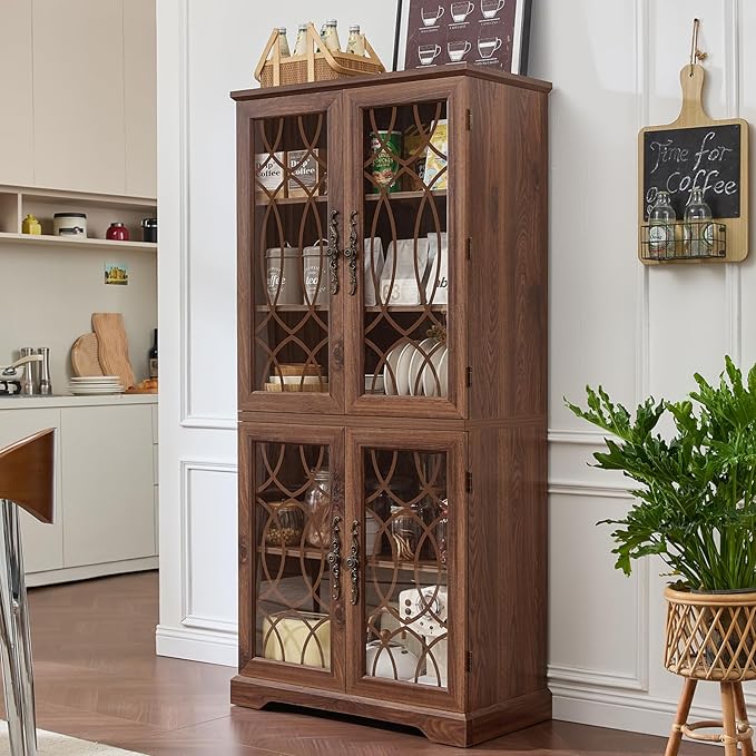 67" Tall Pantry Cabinet Set of 2, Vintage Kitchen Pantries Cabinets with Glass Doors & Adjustable Shelves, Wood Cupboard with Large Storage for Dingning Room, Bathroom, Brown