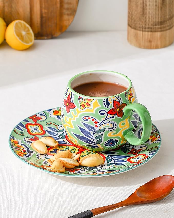 HENXFEN LEAD Boho Ceramic Coffee Mugs Set of 6 ??20 oz Large Porcelain Cups for Latte, Cappuccino, Tea, Cocoa & Soup ??Microwave & Dishwasher Safe