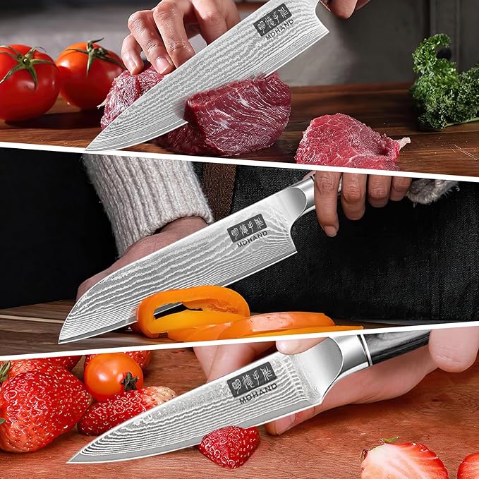 MDHAND Damascus Kitchen Knife Set 3-Piece, Ultra Sharp Professional 67 Layers 10Cr15CoMoV Super Steel Japanese Chef Knife Set with Pakkawood Handle, Including Chef, Santoku & Paring Knife, Elegant Box