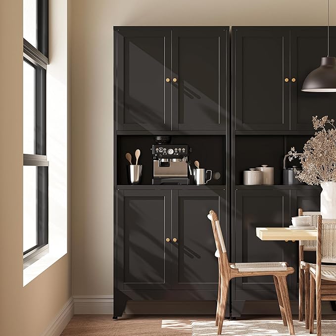 69"H Black Pantry Kitchen Cabinet with Microwave Stand,Black Metal Storage Cabinets,Freestanding Pantry Cabinet,Farmhouse Food Storage Cabinets,Tall and Large Pantry Cabinets for Kitchen, Dining Room