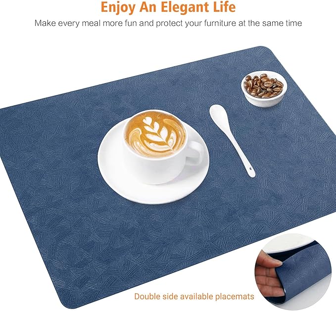 Bxzandya Vinyl Placemats Set of 6 Heat Resistant Easy Clean Non-Slip Place Mats for Dining Table Faux Leather Waterproof Stain Resistant Wipeable Washable PVC Table Mats(6, Blue)