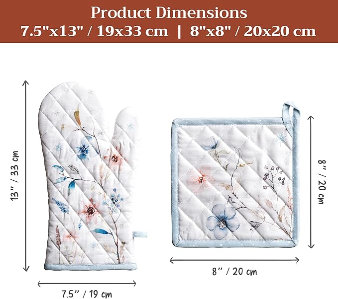 Maison d' Hermine 100% Cotton Oven Mitt & Pot Holder Set (7.5"x13" & 8"x8") Heat Resistant BBQ Cooking Gloves with Loop for Thanksgiving Christmas Decorations Handling Hot Pans (Ice Florals)