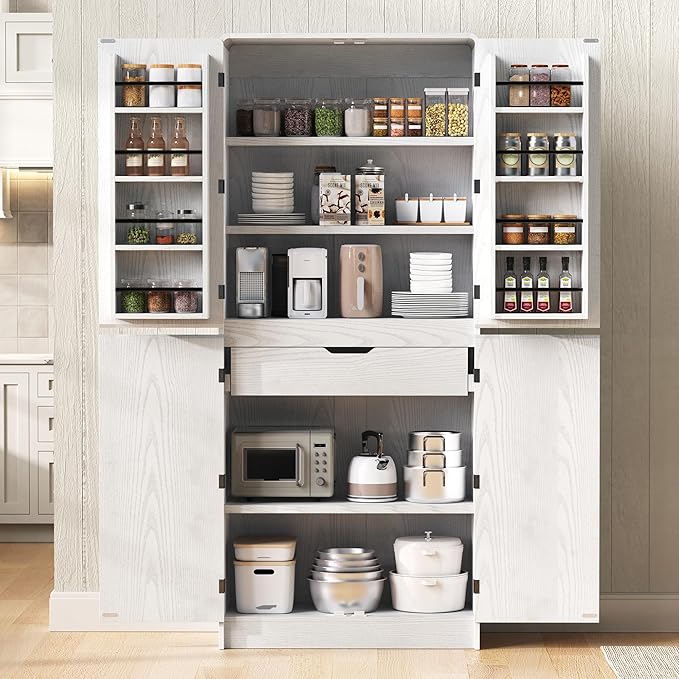 72" Tall Farmhouse Kitchen Pantry Cabinet with 8 Door Shelves, Curved Design Storage Cabinet with 3 Adjustable Shelves, Hidden Drawer, Versatile Cupboard for Kitchen, Dining & Bathroom (White)