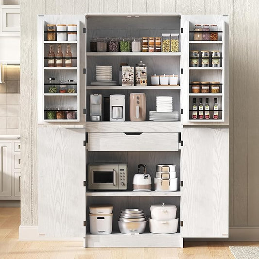 72" Tall Farmhouse Kitchen Pantry Cabinet with 8 Door Shelves, Curved Design Storage Cabinet with 3 Adjustable Shelves, Hidden Drawer, Versatile Cupboard for Kitchen, Dining & Bathroom (White)