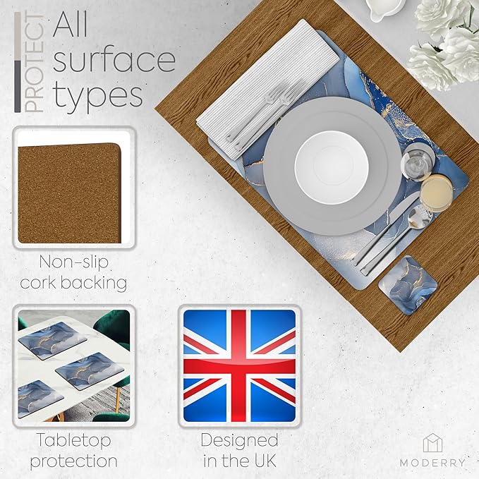 Moderry Set of 4 Heat Resistant Cork Placemats for Dining Table with Free Set of 4 Matching Drink Coasters Marble Design 16 x 12 Inches Cork Backed Hard Placemats (Blue & Gold)