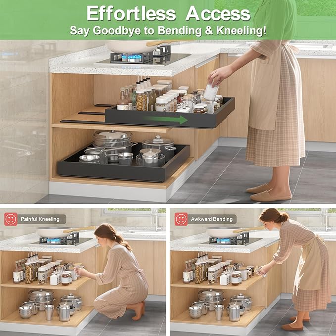 Expandable Pull-Out Cabinet Organizer - Black, 21" D x Adjustable Width 12.6-20.47", No Drill Adhesive Installation with 3-Slide Rails for Kitchen Storage (2 Pack)