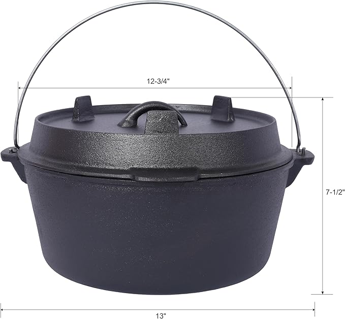Cast Iron Camping Dutch Oven with Lid Lifter and Rack, 2-In-1 Pre-Seasoned Skillet Lid Cooking Pan with Pull Ring, Use on the Stove, on the Grill, Campfire & Stovetop Safe, 4.5 Quart/6 Quart/8 Quart/12 Quart (6 QT)