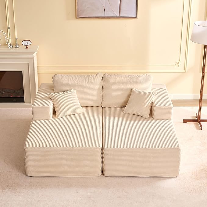 Chaise Lounge Chair, Boneless Couch for Living Room and Bedroom, Sleeper Couches Reading Chairs, Corduroy, White