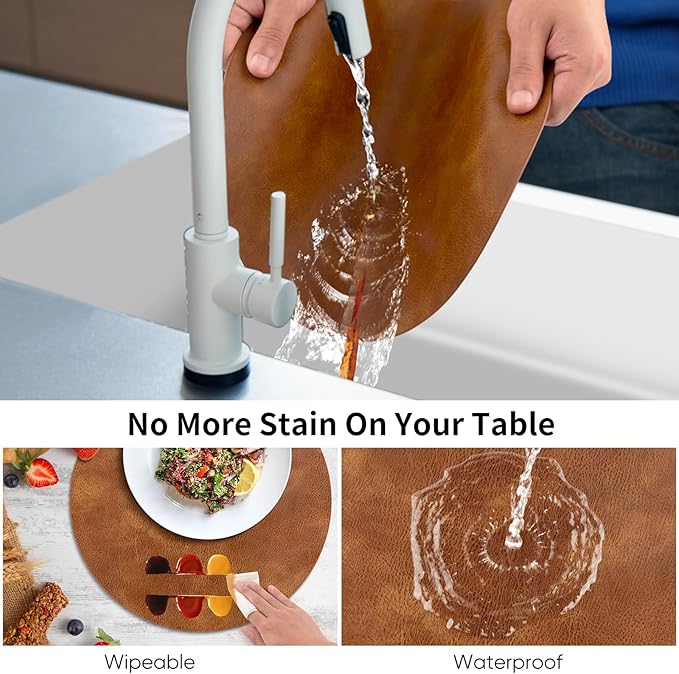 ADRIMER Placemats, Heat Resistant Round Placemats Set of 8 Washable, Waterproof Table Mats, Wipeable Faux Leather Place Mats for Kitchen, Dining Room, Turmeric Brown