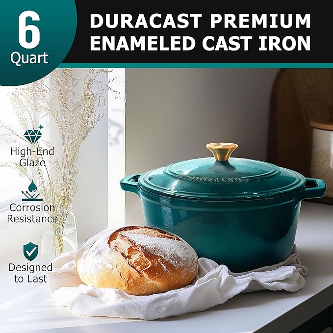 Mueller DuraCast 6 Quart Enameled Cast Iron Dutch Oven Pot with Lid, Heavy-Duty, Oven Safe up to 500째 F & Across All Cooktops, Wedding Registry Ideas & Gifts, Emerald
