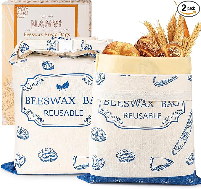 2-Pack Reusable Beeswax Bread Bags for Sourdough & Homemade Bread竊똂otton Waxed Bags Keeps Fresh Longer(Navy Loaf)