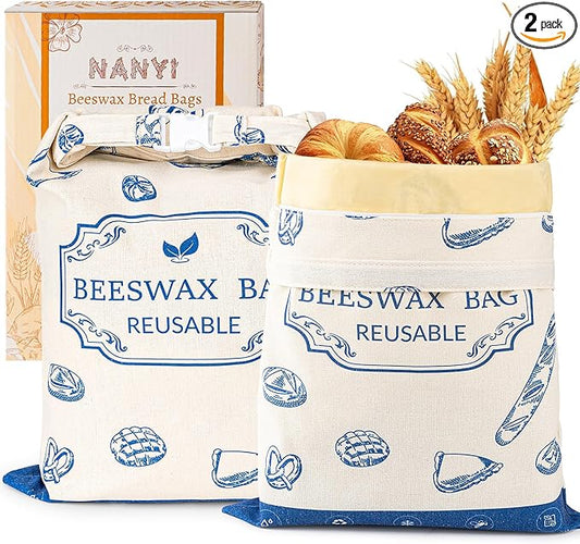 2-Pack Reusable Beeswax Bread Bags for Sourdough & Homemade Bread竊똂otton Waxed Bags Keeps Fresh Longer(Navy Loaf)