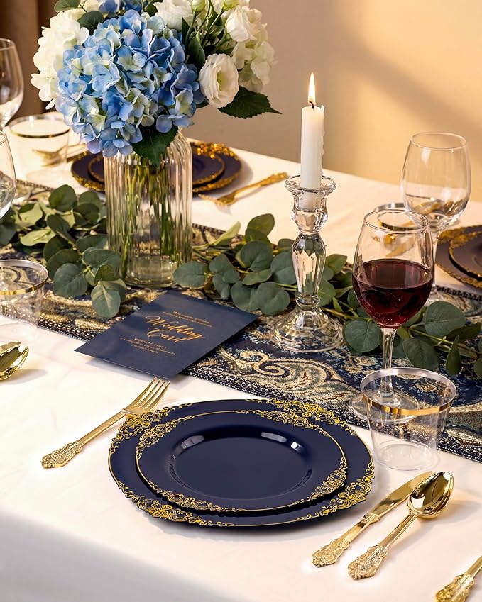 Nervure 350Pcs Blue Plastic Plates - Blue Gold Plastic Dinnerware Sets for 50 Guests - 100 Gold Disposable Plates, 50 Pre Rolled Silverware, 50 Cups Perfect for Wedding & Party & Independence