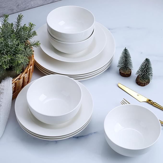 ArtClayz Elegant 12-Piece Bone China Dinnerware Set, Service for 4, White Porcelain Plates & Bowls, Chip Resistant, Dishwasher and Microwave Safe