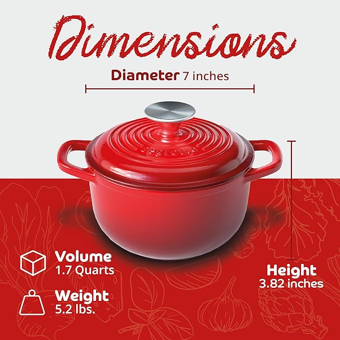 Segretto Cookware Enameled Dutch Oven Pot with Lid Rosso (Gradient Red) 1.7 Quarts Cast Iron Dutch Oven with Handle 1.7 qt Enamel Small Cast Iron Pot for Bread Baking, Cooking